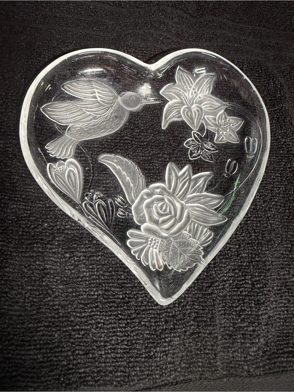 Clear Glass Heart Decorative candy Dish with Floral & hummingbird Bird Etching